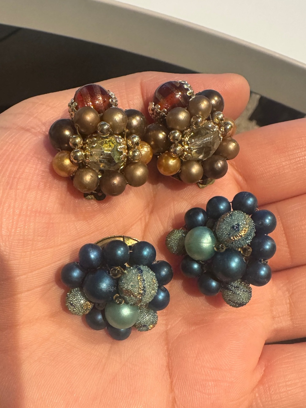 Vintage 2 pairs, blue pair signed Japan Bead Clip-On Earrings